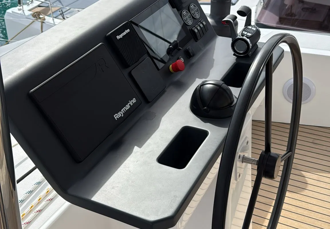 Cockpit of Alhena, a Bali 5.8 catamaran at Olbia, Italy