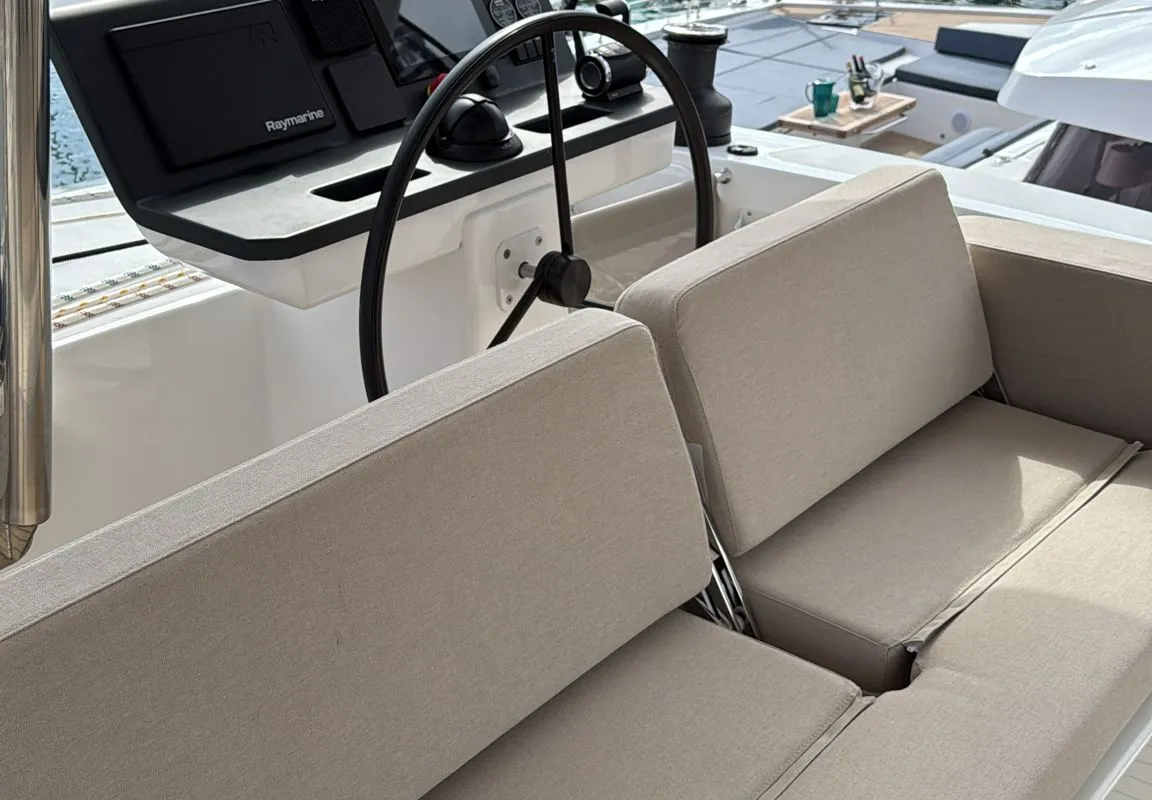 Cockpit of Alhena, a Bali 5.8 catamaran at Olbia, Italy