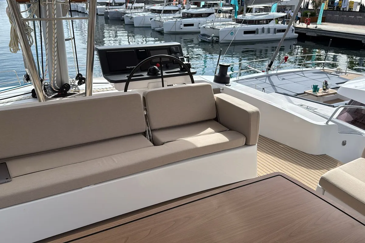 Cockpit of Alhena, a Bali 5.8 catamaran at Olbia, Italy