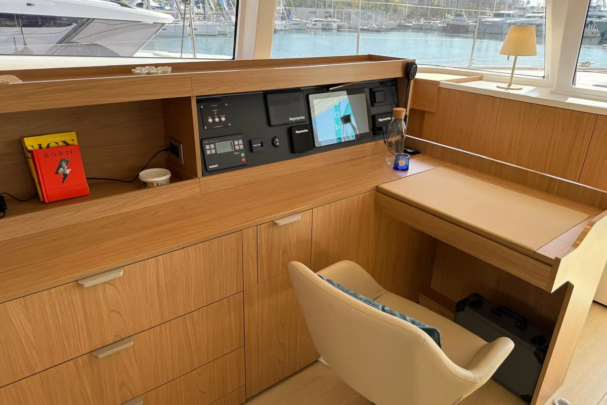 Cockpit of Alhena, a Bali 5.8 catamaran at Olbia, Italy