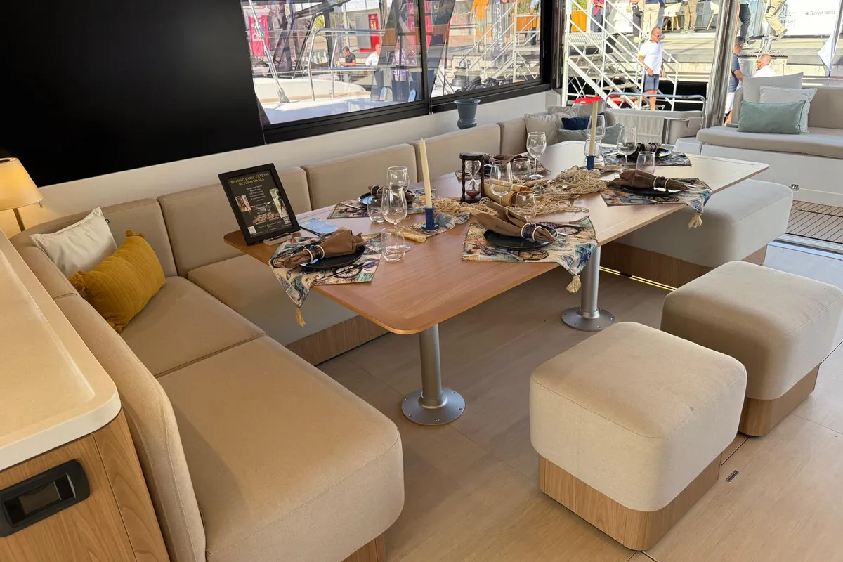 Salon of Alhena, a Bali 5.8 catamaran at Olbia, Italy