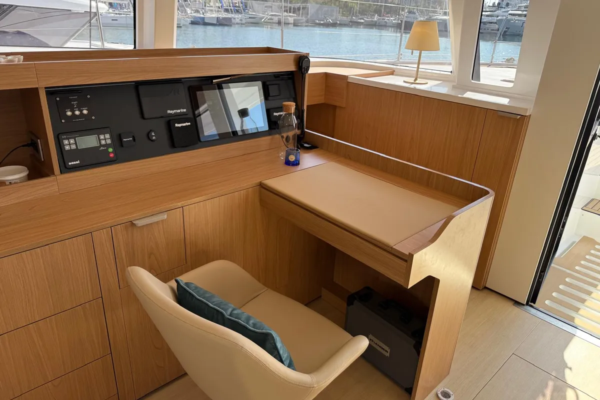 Cockpit of Alhena, a Bali 5.8 catamaran at Olbia, Italy