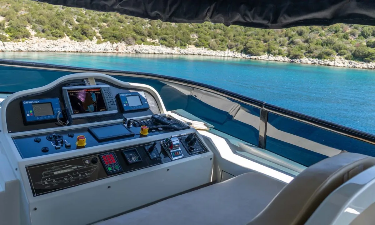 Cockpit of Den Den, a Gulet Luxury Motor Yacht motor yacht at Bodrum, Turkey