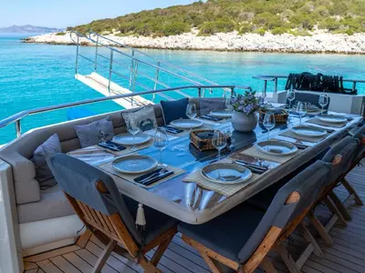 Deck of Den Den, a Gulet Luxury Motor Yacht motor yacht at Bodrum, Turkey