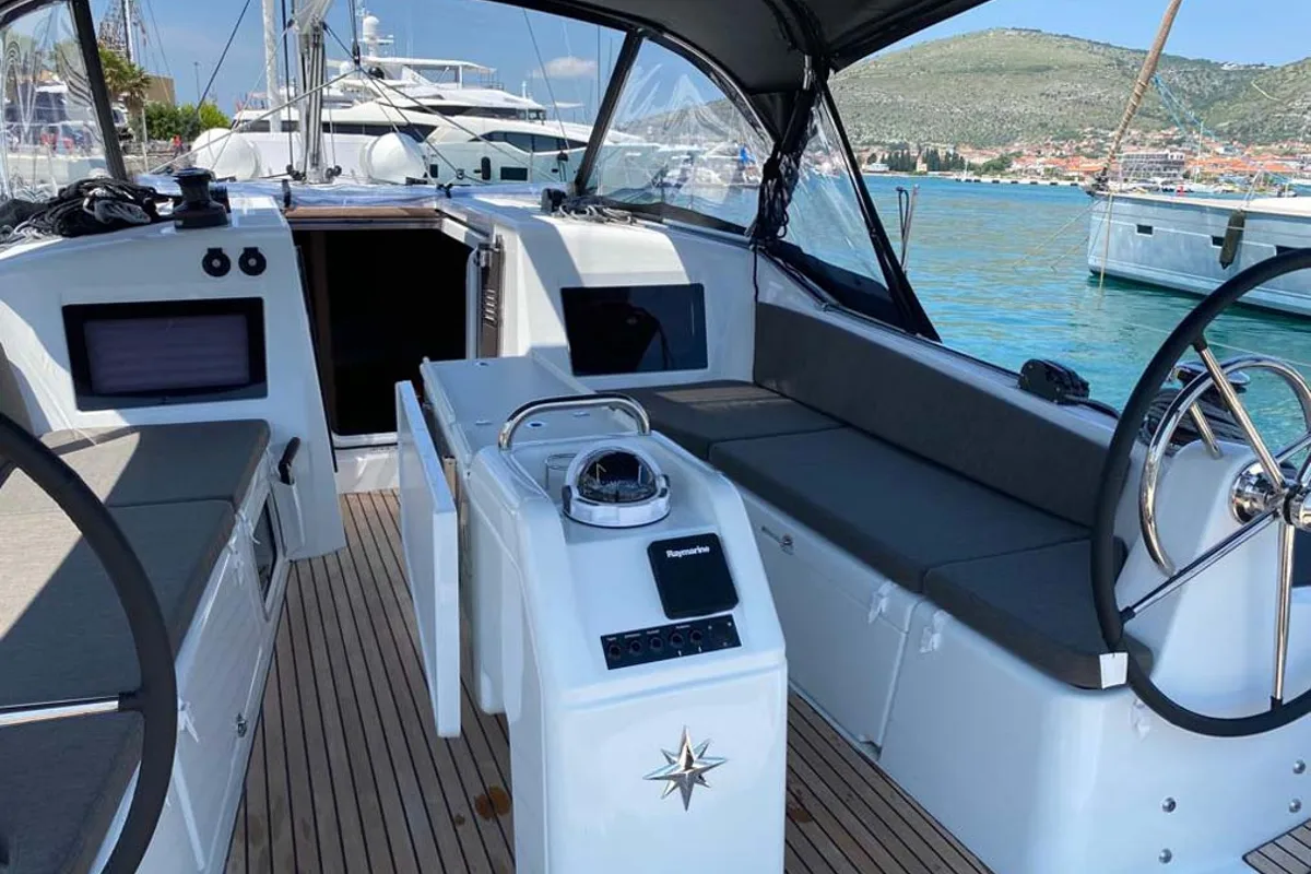 Cockpit of Marelli, a Jeanneau Sun Odyssey 410 sailboat at Trogir, Croatia