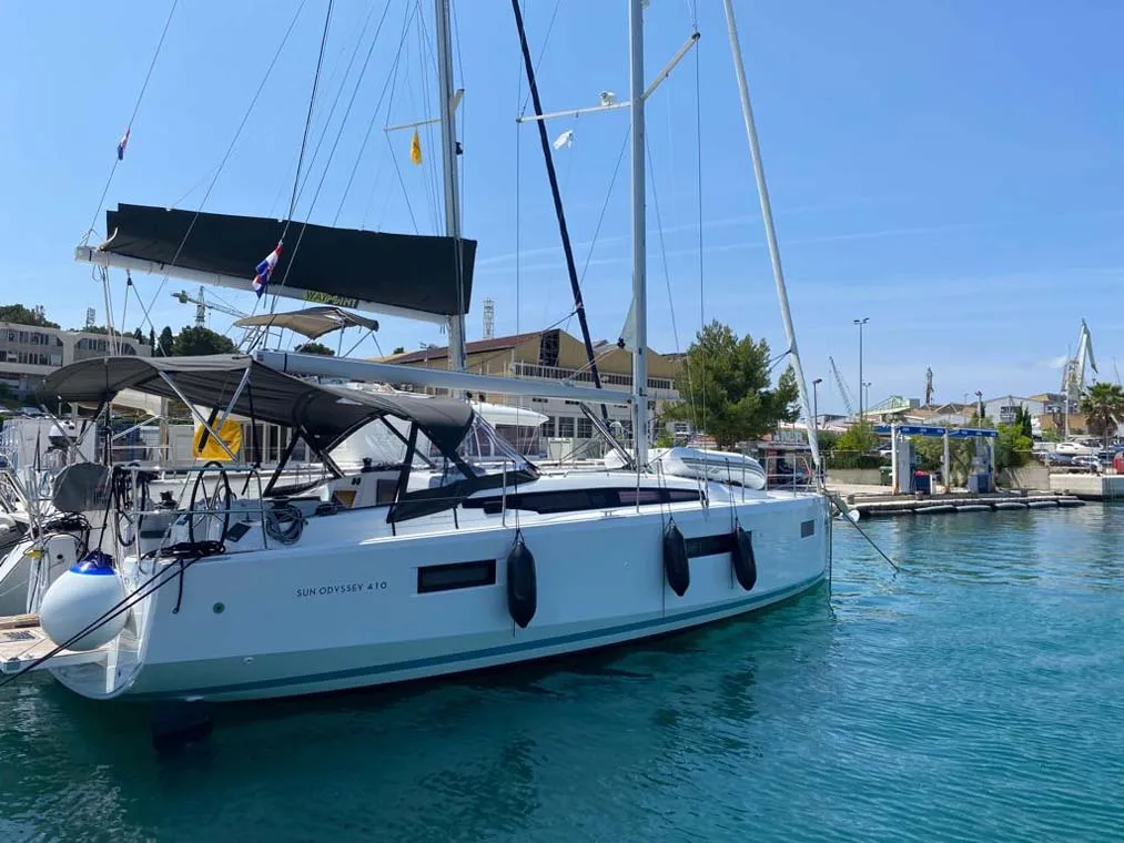 Exterior view of Marelli, a Jeanneau Sun Odyssey 410 sailboat at Trogir, Croatia