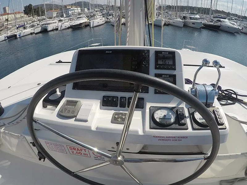 Cockpit of Zuzo I, a Lagoon 50 catamaran at Grad Šibenik, Croatia