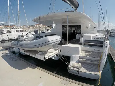 Deck of Zuzo I, a Lagoon 50 catamaran at Grad Šibenik, Croatia