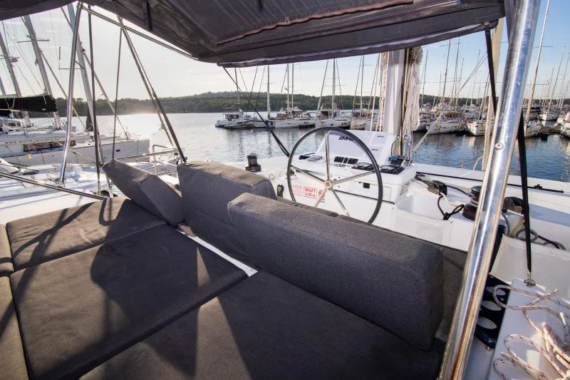 Deck of Zuzo I, a Lagoon 50 catamaran at Grad Šibenik, Croatia