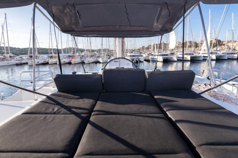 Deck of Zuzo I, a Lagoon 50 catamaran at Grad Šibenik, Croatia