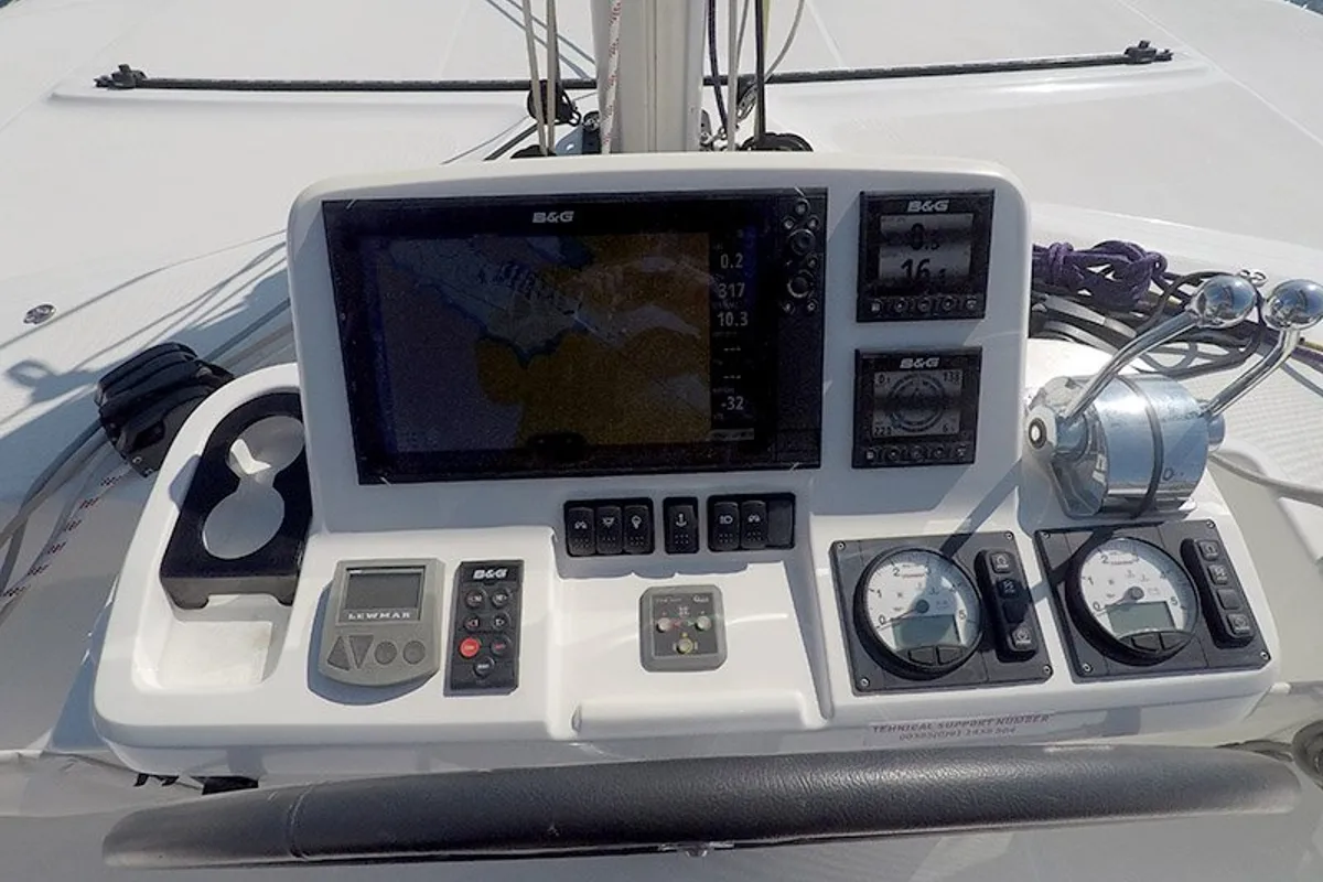 Cockpit of Zuzo I, a Lagoon 50 catamaran at Grad Šibenik, Croatia
