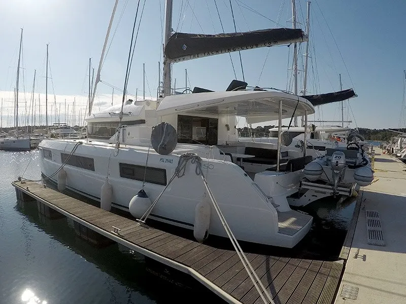 Exterior view of Zuzo I, a Lagoon 50 catamaran at Grad Šibenik, Croatia