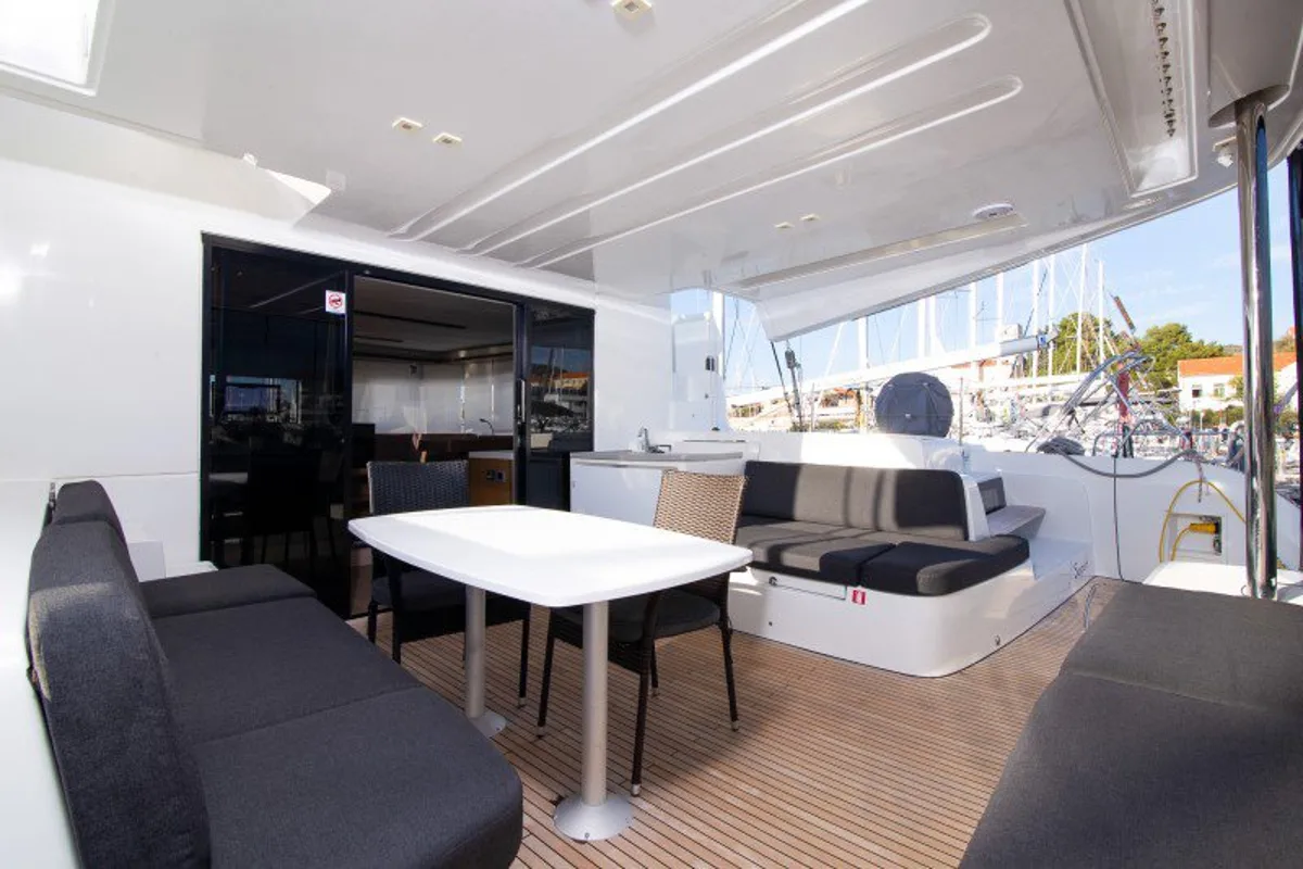 Deck of Zuzo I, a Lagoon 50 catamaran at Grad Šibenik, Croatia