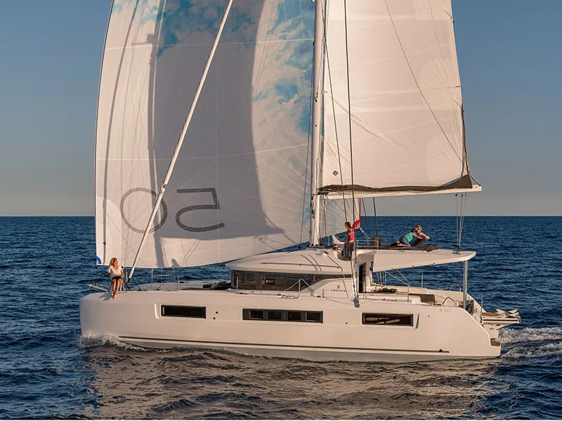 Exterior view of Zuzo I, a Lagoon 50 catamaran at Grad Šibenik, Croatia