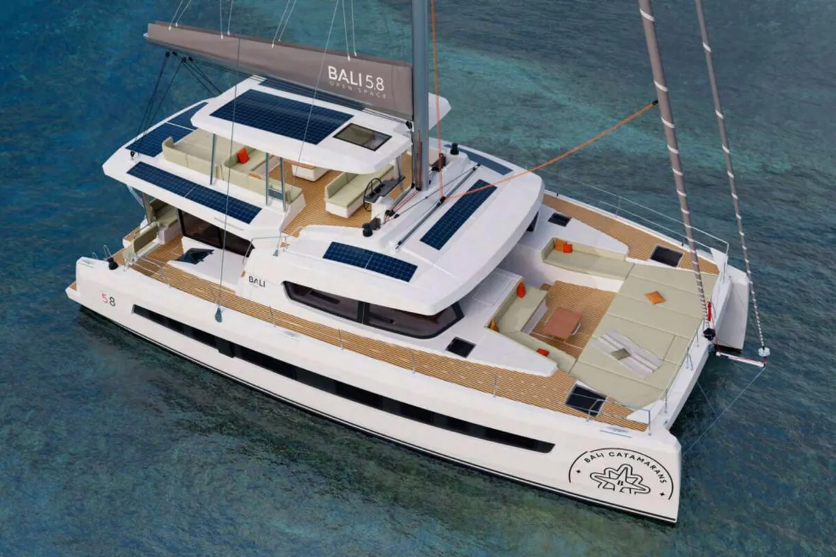 Exterior view of Leone, a Bali 5.8 catamaran at Olbia, Italy