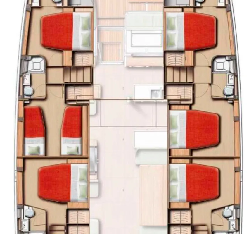 Floor plan of Leone, a Bali 5.8 catamaran at Olbia, Italy