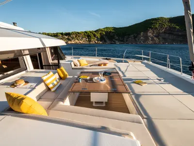 Deck of Leone, a Bali 5.8 catamaran at Olbia, Italy