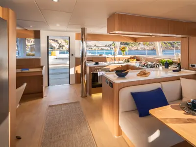 Galley of Leone, a Bali 5.8 catamaran at Olbia, Italy