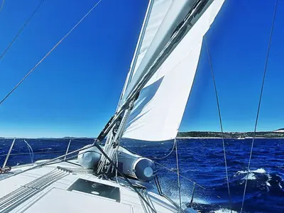 Deck of Auka, a Bavaria C42 sailboat at Rogoznica, Croatia