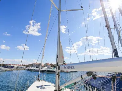 Deck of Aries, a Bavaria Cruiser 45 sailboat at Volos Municipality, Greece