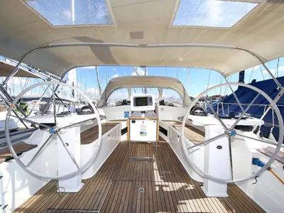 Cockpit of Aries, a Bavaria Cruiser 45 sailboat at Volos Municipality, Greece