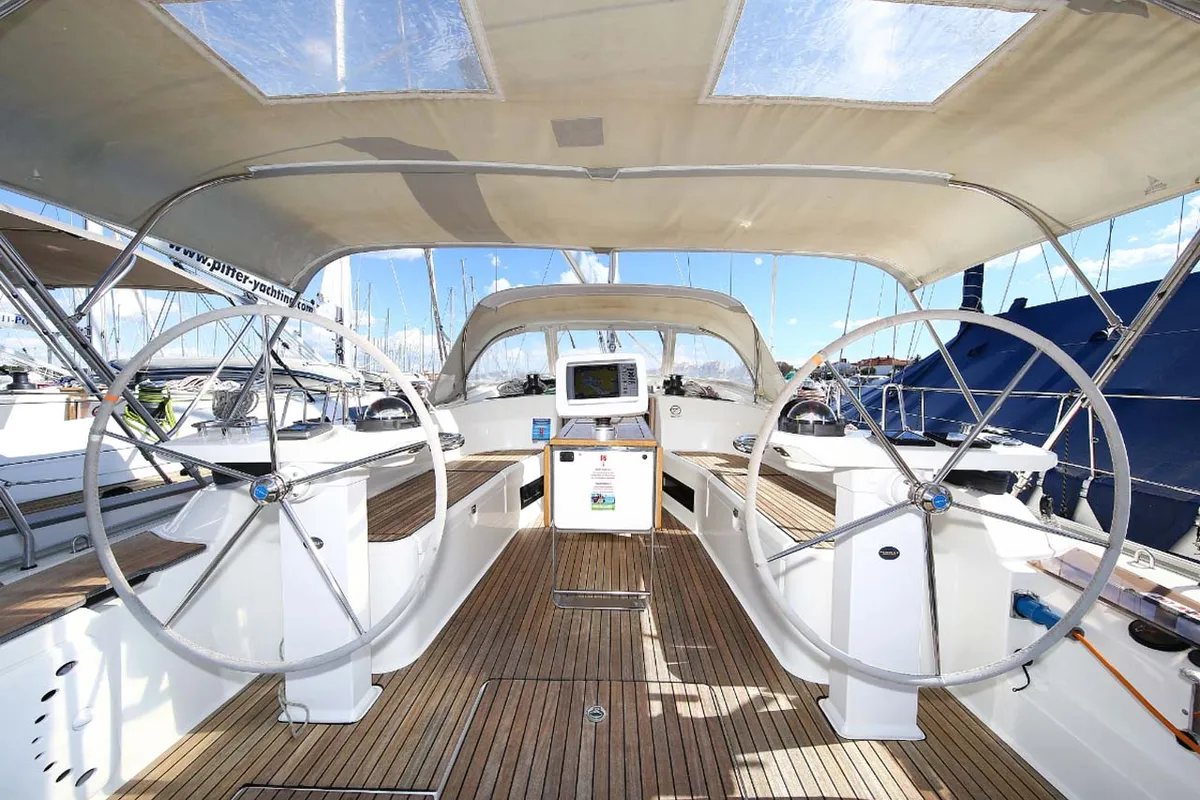 Cockpit of Aries, a Bavaria Cruiser 45 sailboat at Volos Municipality, Greece