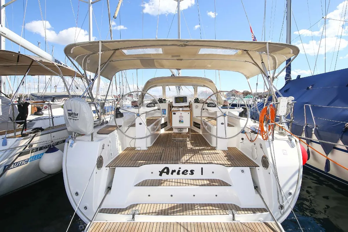 Exterior view of Aries, a Bavaria Cruiser 45 sailboat at Volos Municipality, Greece