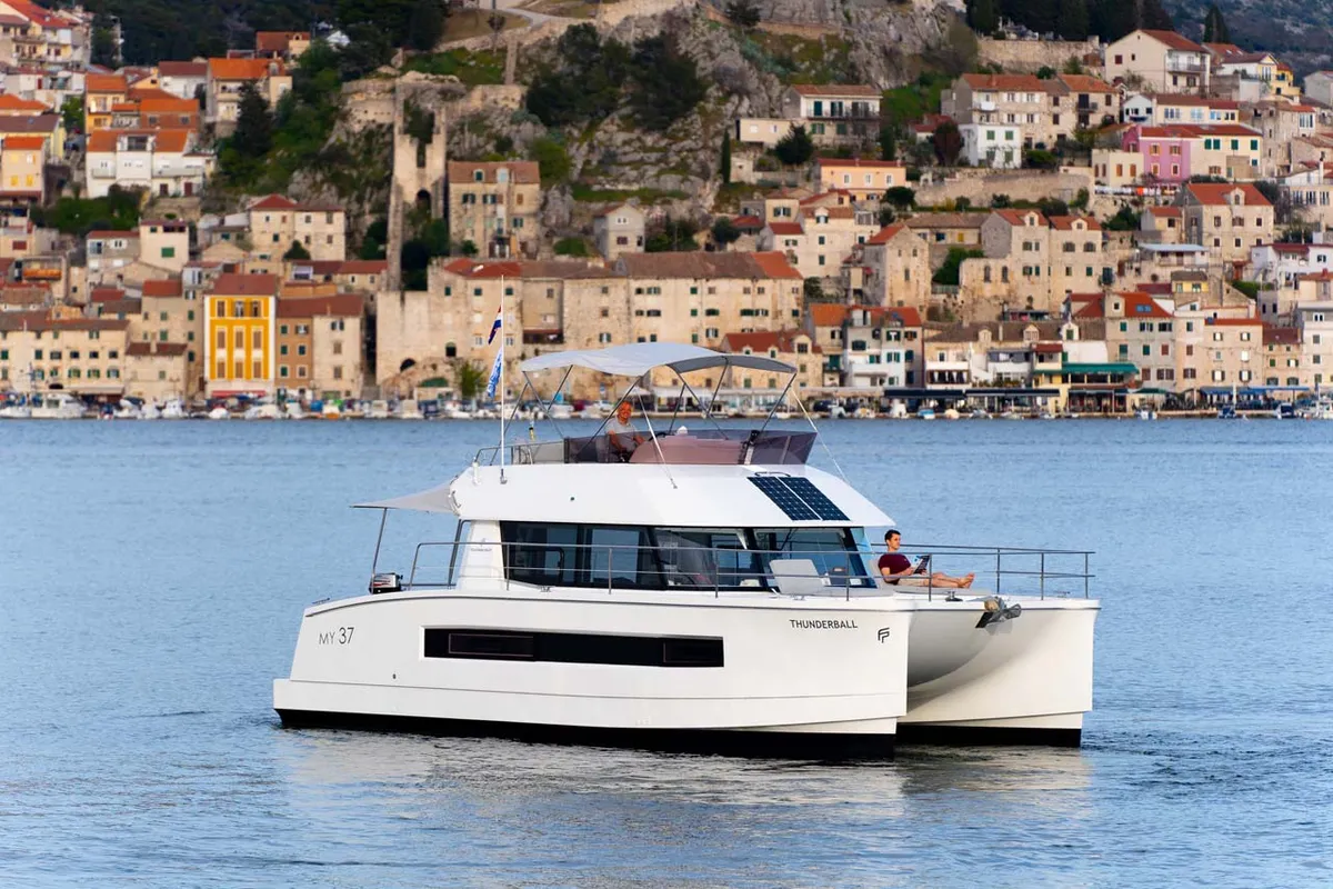 Exterior view of Thunderball, a Fountaine Pajot MY 37 catamaran at Grad Biograd na Moru, Croatia