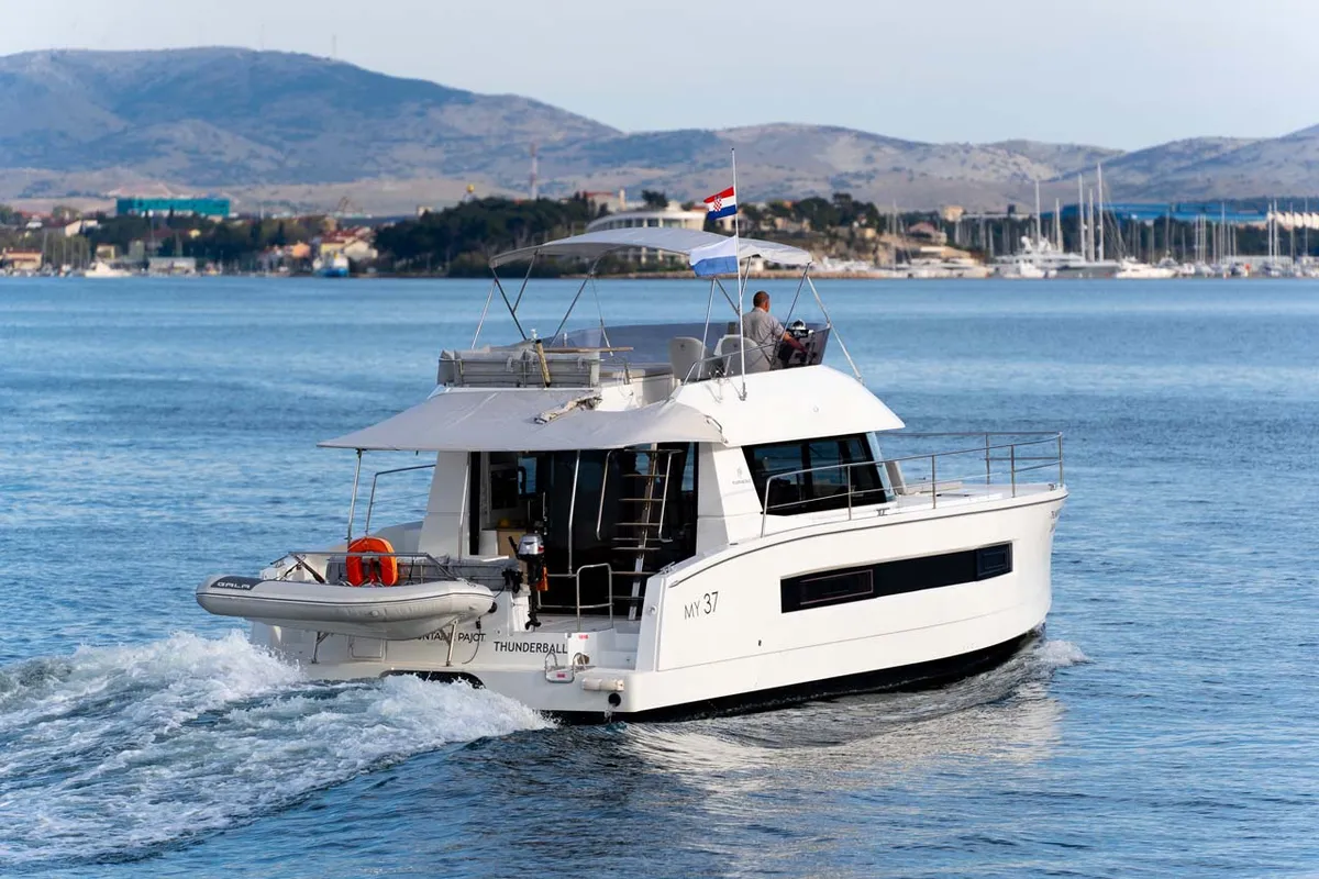 Exterior view of Thunderball, a Fountaine Pajot MY 37 catamaran at Grad Biograd na Moru, Croatia