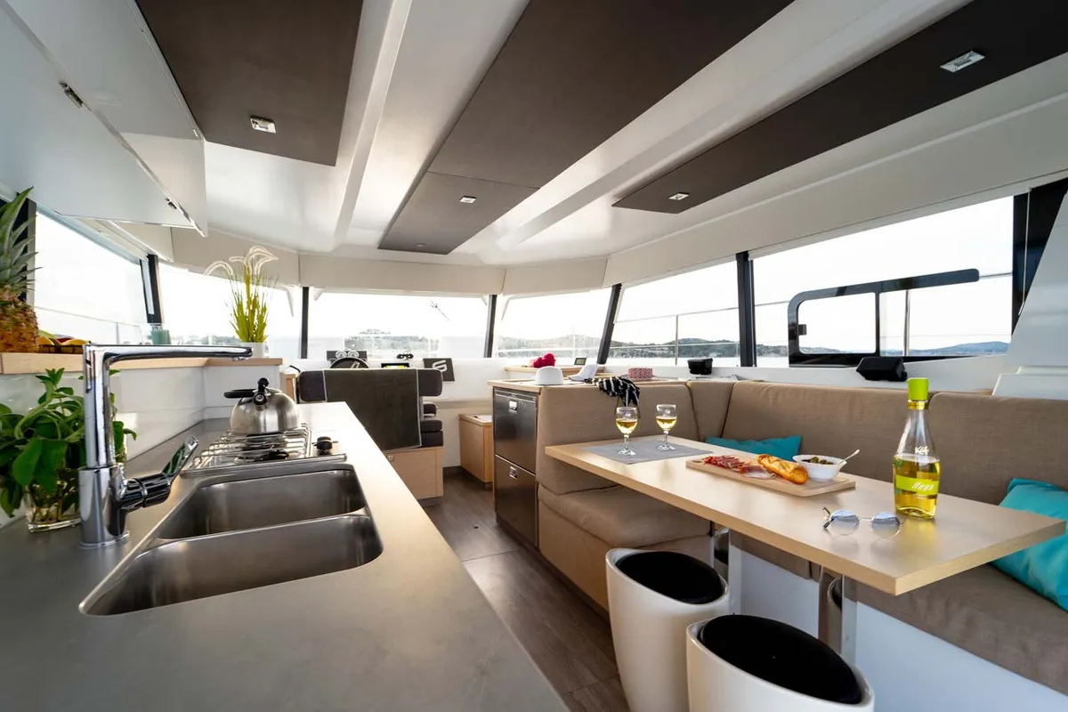 Salon of Thunderball, a Fountaine Pajot MY 37 catamaran at Grad Biograd na Moru, Croatia
