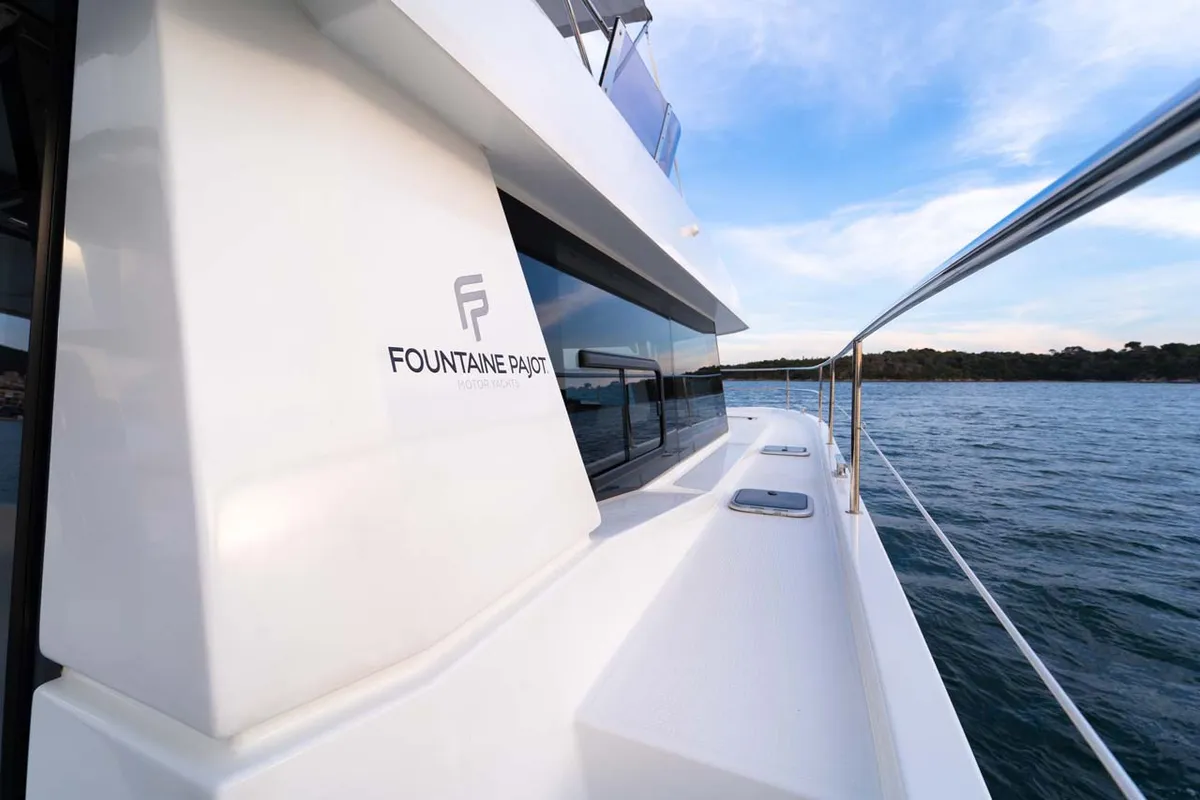 Exterior view of Thunderball, a Fountaine Pajot MY 37 catamaran at Grad Biograd na Moru, Croatia