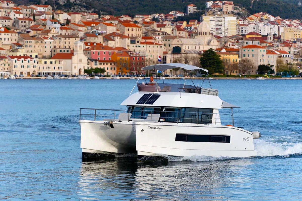 Exterior view of Thunderball, a Fountaine Pajot MY 37 catamaran at Grad Biograd na Moru, Croatia