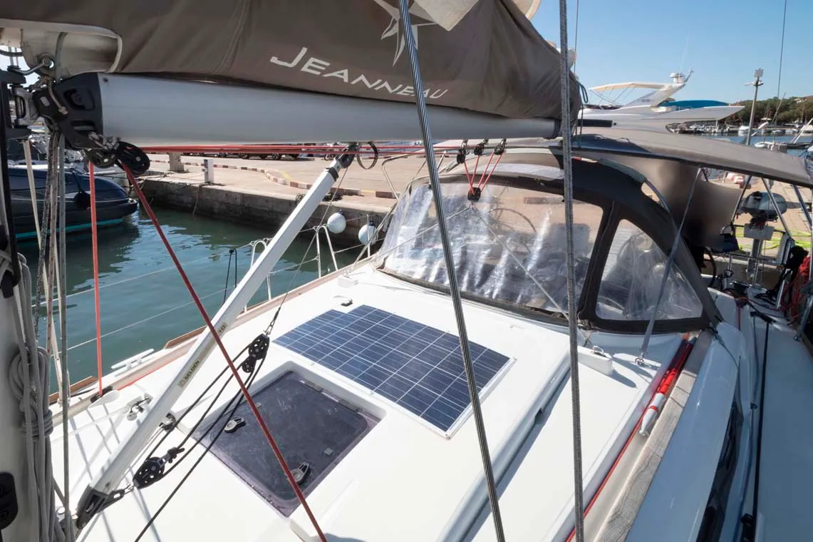 Deck of Marie, a Jeanneau Sun Odyssey 389 sailboat at Felanitx, Spain