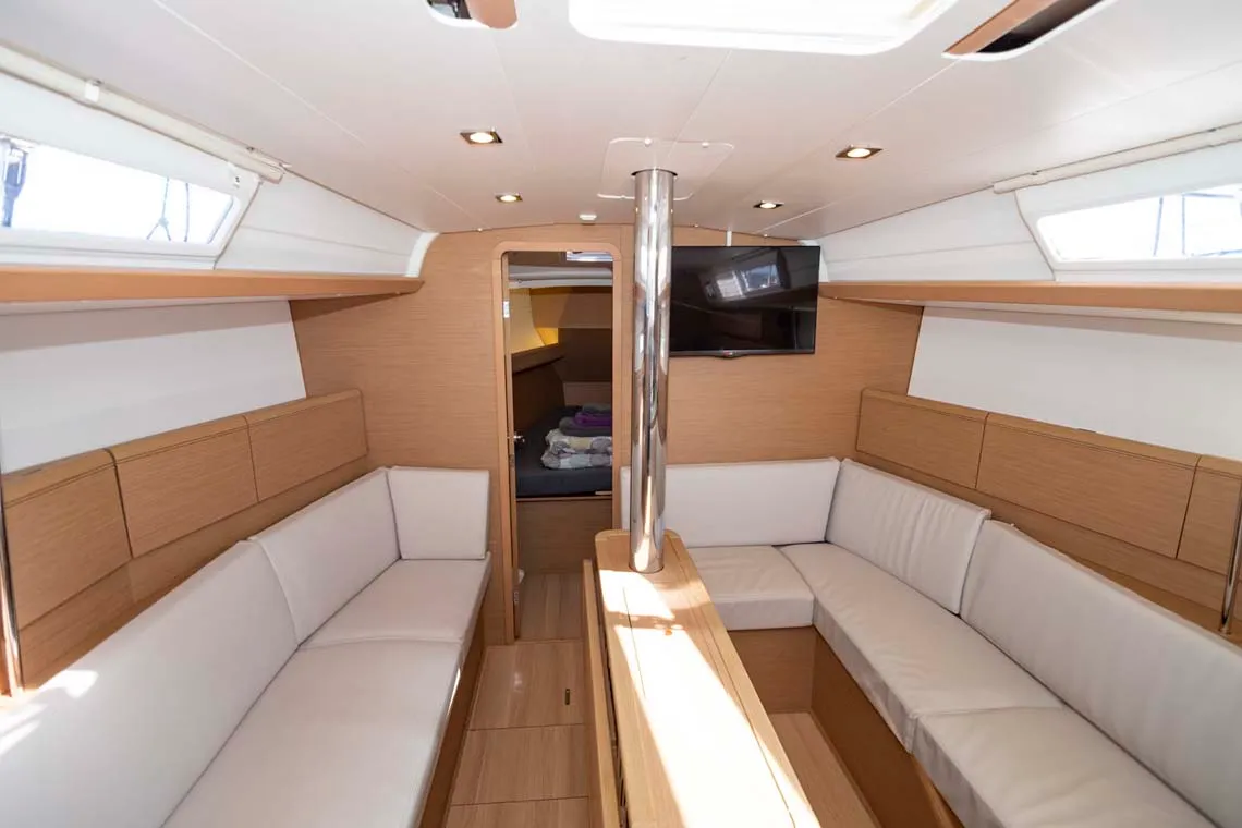 Salon of Marie, a Jeanneau Sun Odyssey 389 sailboat at Felanitx, Spain