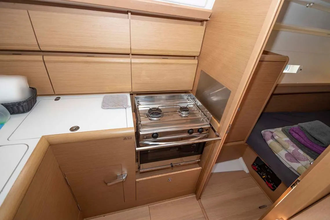Galley of Marie, a Jeanneau Sun Odyssey 389 sailboat at Felanitx, Spain