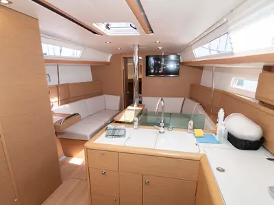Salon of Marie, a Jeanneau Sun Odyssey 389 sailboat at Felanitx, Spain