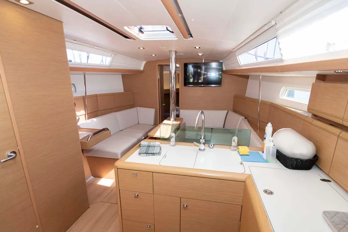 Salon of Marie, a Jeanneau Sun Odyssey 389 sailboat at Felanitx, Spain