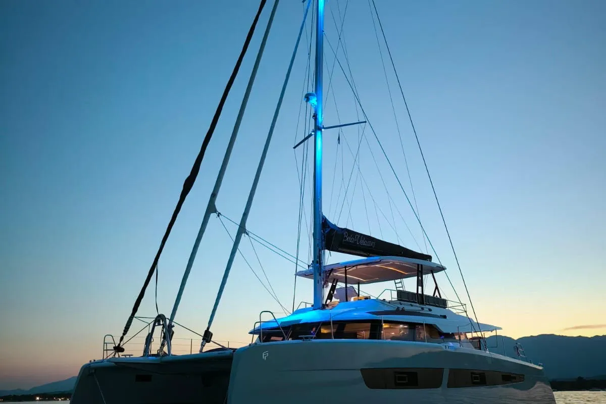 Exterior view of Premium, a Fountaine Pajot Samana 59 catamaran at Porto-Vecchio, France