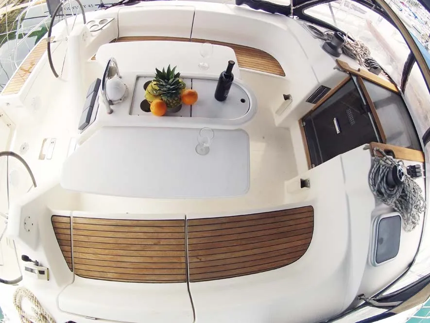 Deck of Luna V, a Dufour Gib Sea 43 sailboat at Split, Croatia