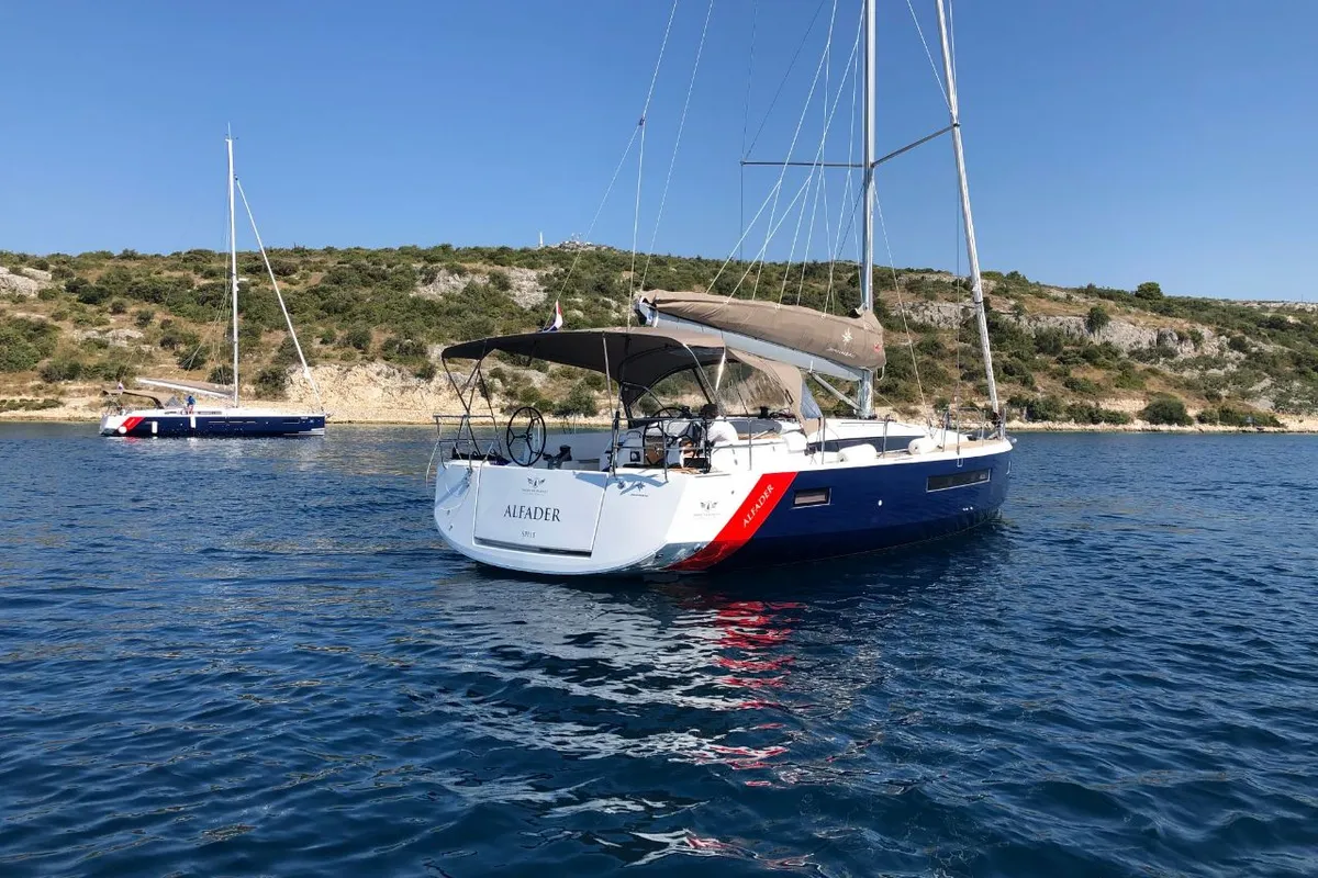Exterior view of Alfader, a Jeanneau Sun Odyssey 490 sailboat at Primošten, Croatia