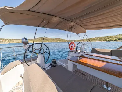 Cockpit of Alfader, a Jeanneau Sun Odyssey 490 sailboat at Primošten, Croatia