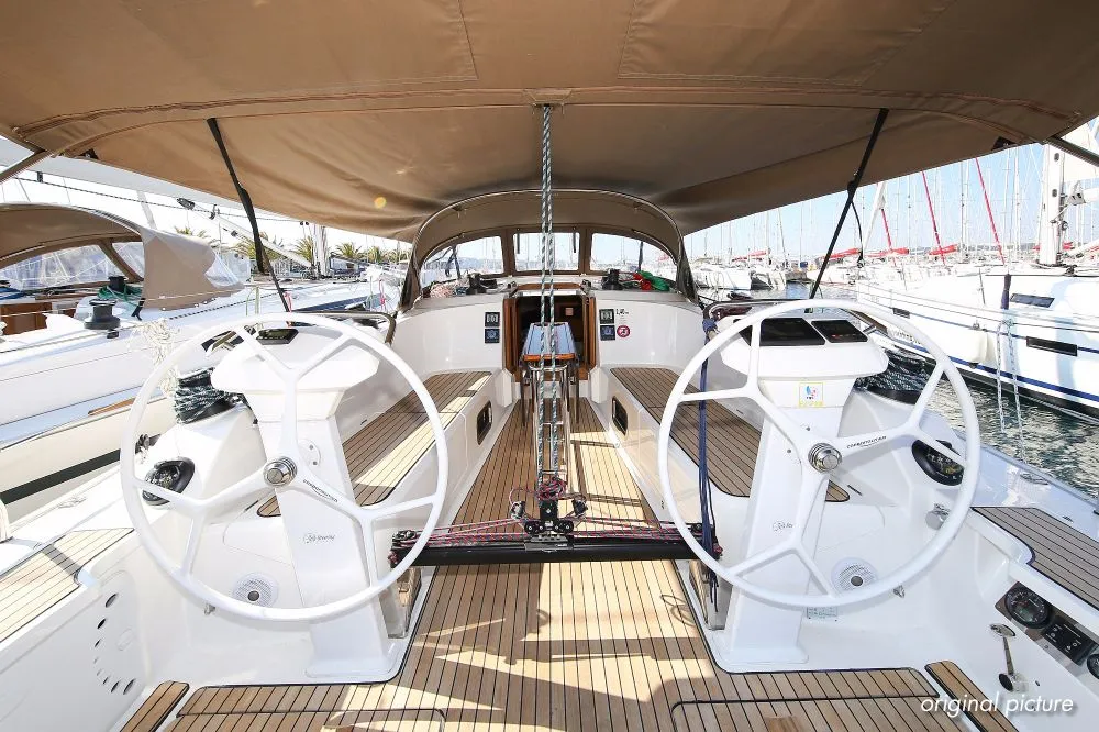 Cockpit of Neo Star III (16), a Bavaria Cruiser 41S sailboat at Murter, Croatia