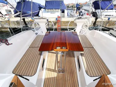 Deck of Neo Star III (16), a Bavaria Cruiser 41S sailboat at Murter, Croatia