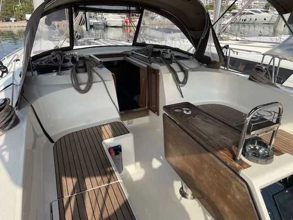 Cockpit of Rozerina, a Bavaria Cruiser 46 sailboat at Athens, Greece
