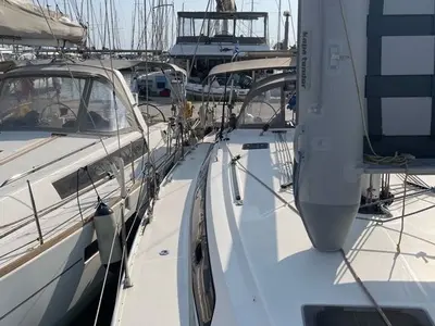 Deck of Rozerina, a Bavaria Cruiser 46 sailboat at Athens, Greece