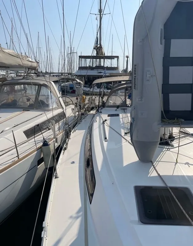 Deck of Rozerina, a Bavaria Cruiser 46 sailboat at Athens, Greece