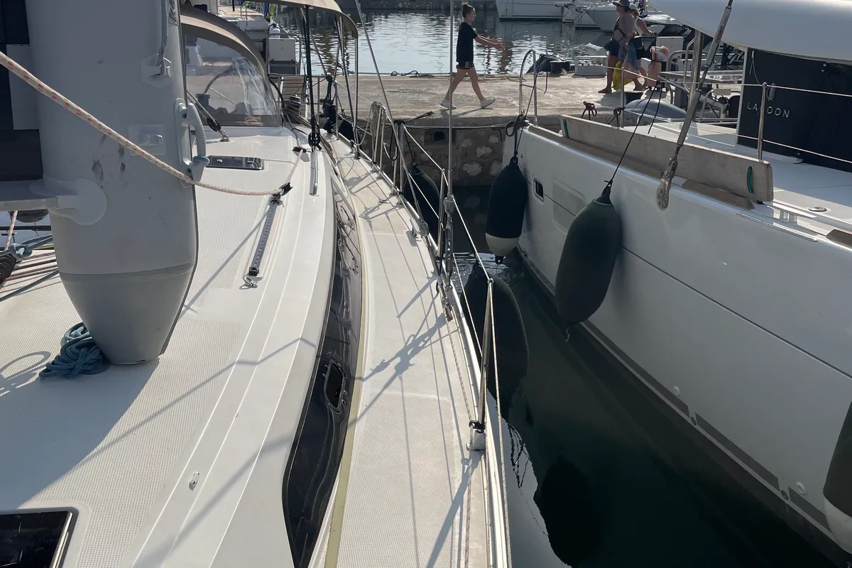 Deck of Rozerina, a Bavaria Cruiser 46 sailboat at Athens, Greece