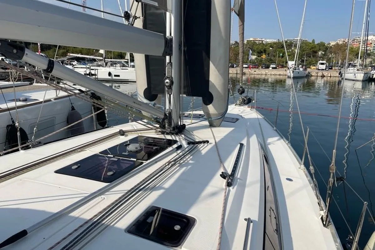 Deck of Rozerina, a Bavaria Cruiser 46 sailboat at Athens, Greece