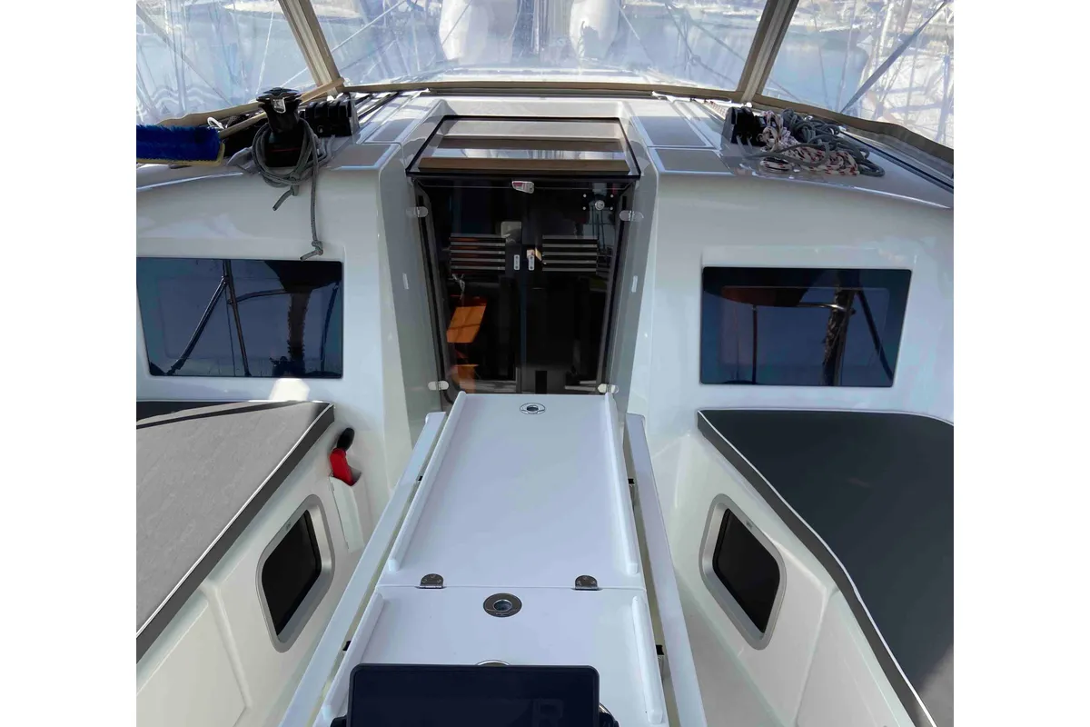 Deck of Fortnite, a Jeanneau Sun Odyssey 410 sailboat at Castellammare di Stabia, Italy