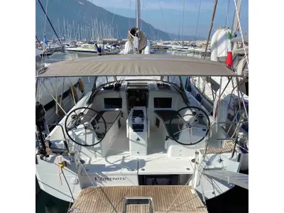 Cockpit of Fortnite, a Jeanneau Sun Odyssey 410 sailboat at Castellammare di Stabia, Italy